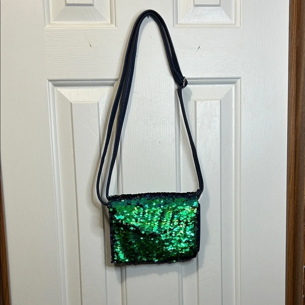 Emerald Green Sequin Crossbody Bag with Blue Accents